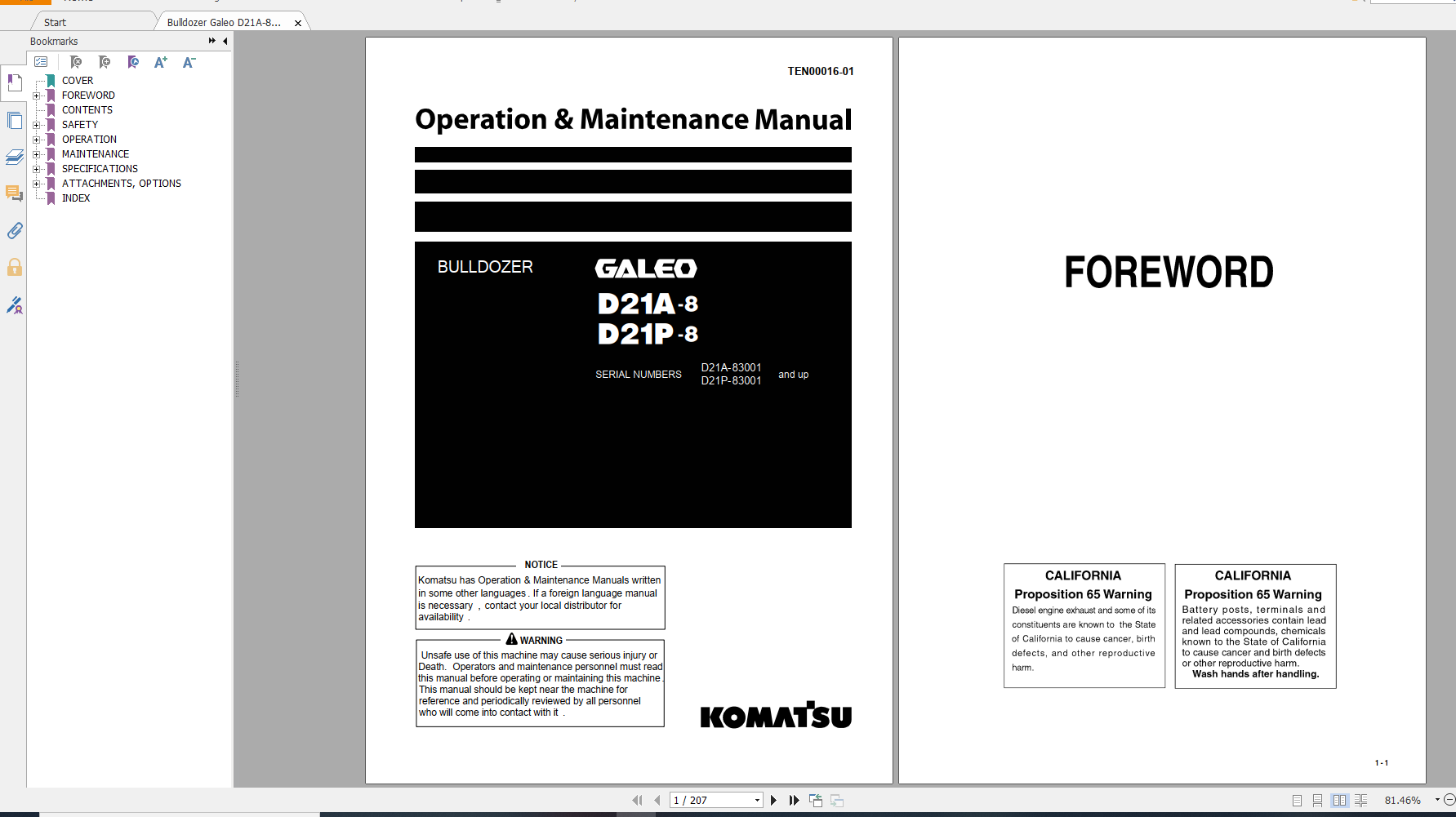 Komatsu Bulldozer Galeo D21A 8 D21P 8 Shop Manual TEN00016 01 2007