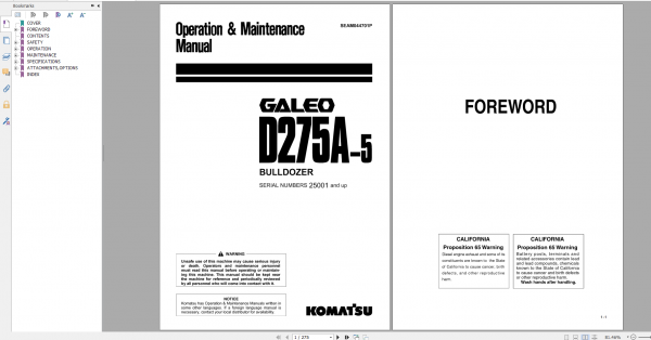 Komatsu Bulldozer Galeo D275A 5 Operation Maintenance Manual SEAM044701P 2003