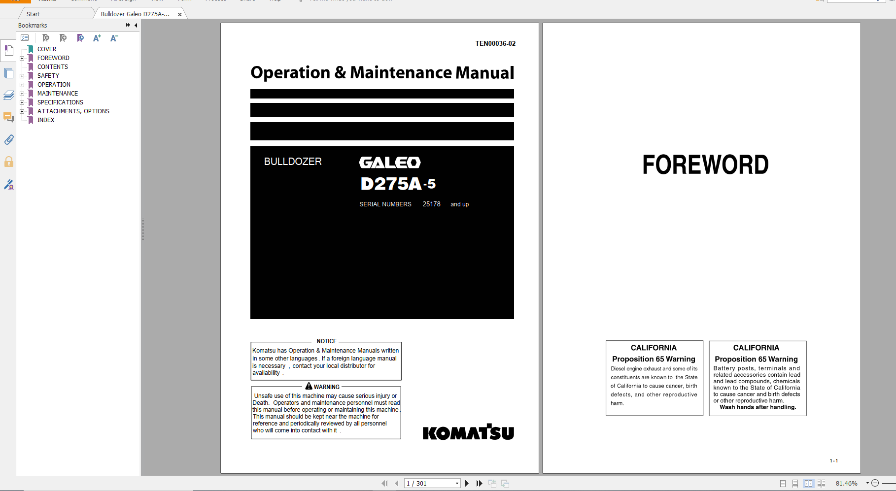 Komatsu Bulldozer Galeo D275A 5 Operation Maintenance Manual TEN00036 02 2007
