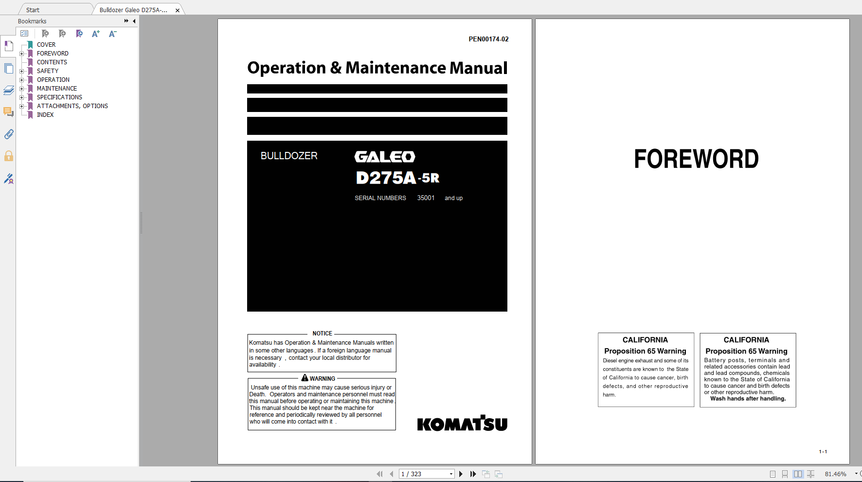 Komatsu Bulldozer Galeo D275A 5R Operation Maintenance Manual PEN00174 02 2007