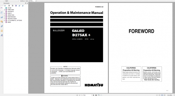 Komatsu Bulldozer Galeo D275AX 5 Operation Maintenance Manual PEN00033 02 2007