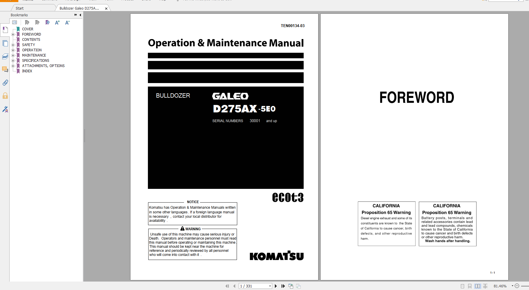 Komatsu Bulldozer Galeo D275AX 5 Operation Maintenance Manual SEAM055900T 2003