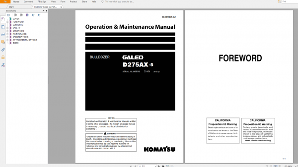 Komatsu Bulldozer Galeo D275AX 5 Operation Maintenance Manual TEN00035 02 2007