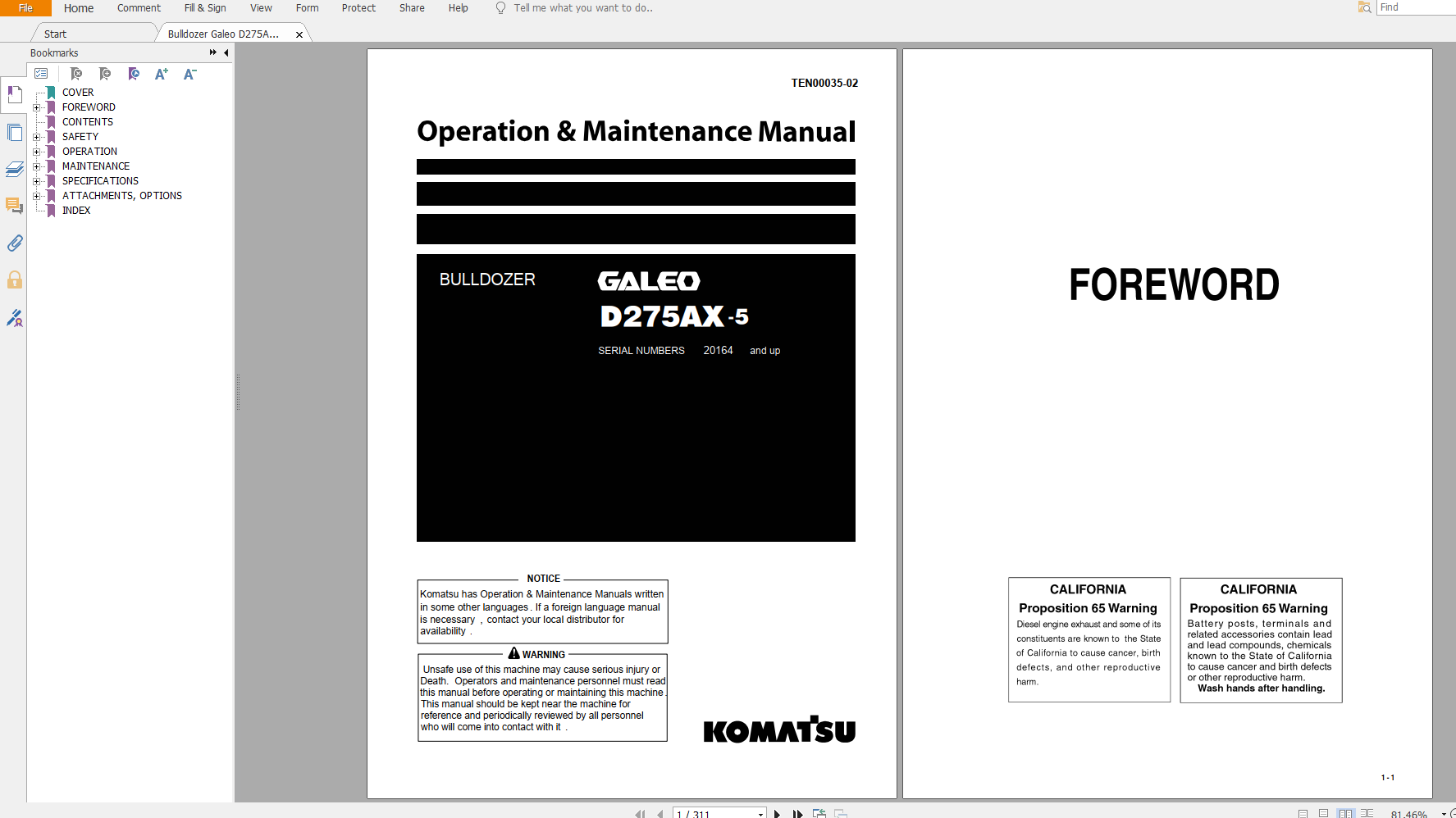 Komatsu Bulldozer Galeo D275AX 5 Operation Maintenance Manual TEN00035 02 2007