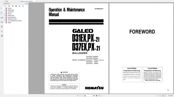 Komatsu Bulldozer Galeo D31EXPX 21 D37EXPX 21 Operation Maintenance Manual SEAM044001T 2002