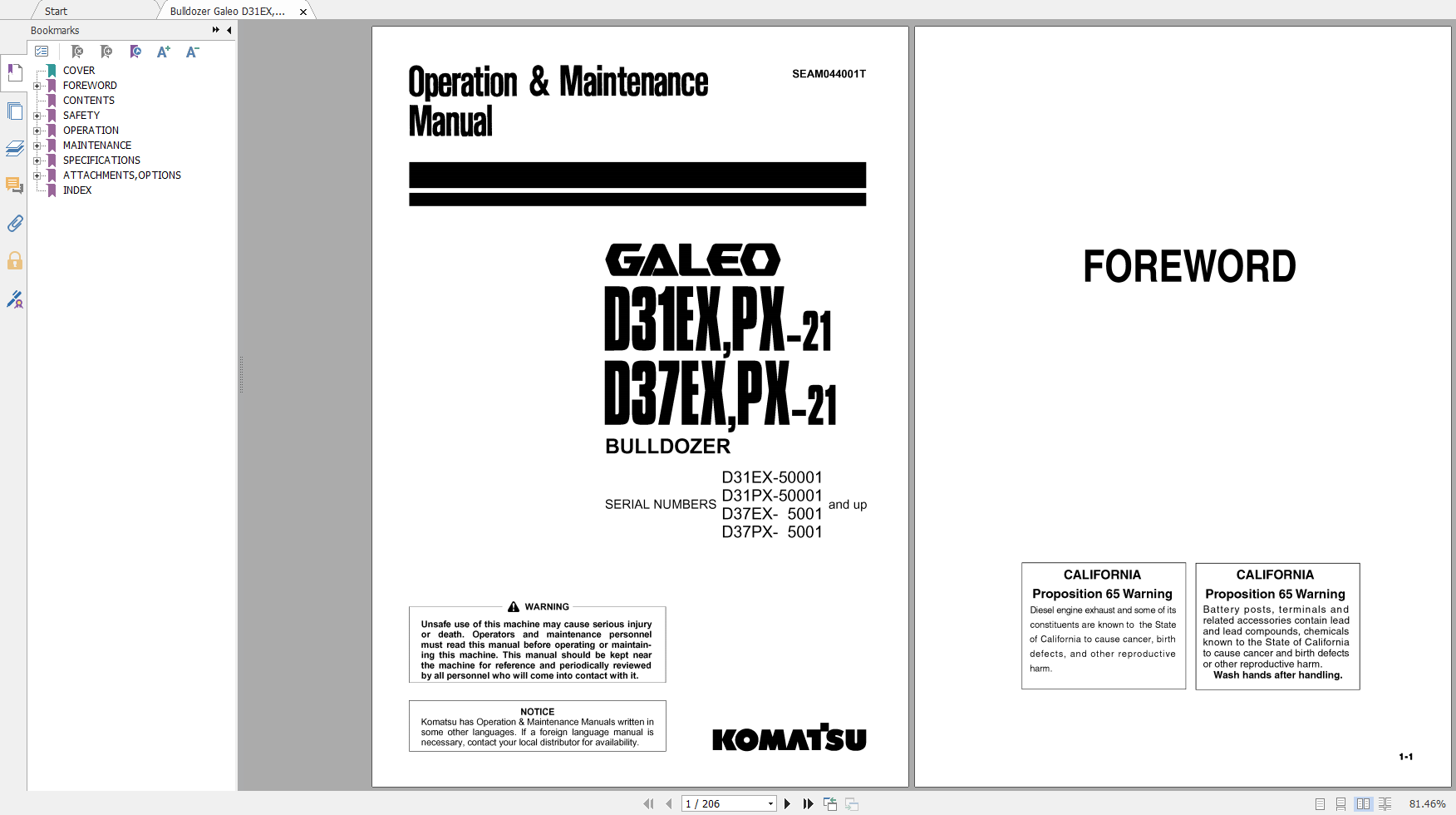 Komatsu Bulldozer Galeo D31EXPX 21 D37EXPX 21 Operation Maintenance Manual SEAM044001T 2002