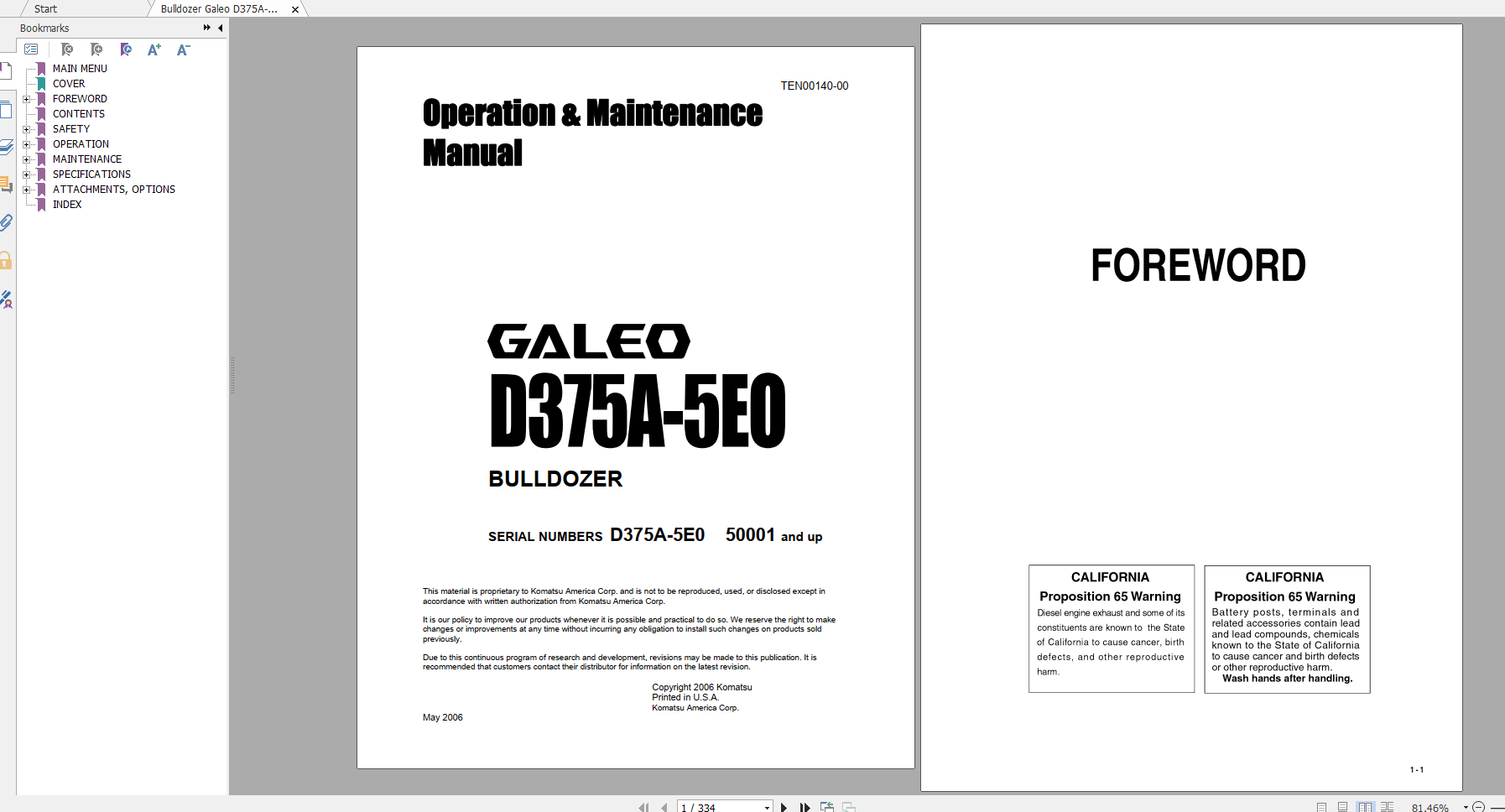 Komatsu Bulldozer Galeo D375A 5E0 Operation Maintenance Manual TEN00140 00 2006