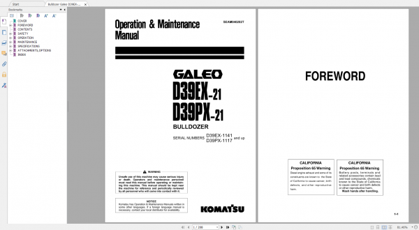 Komatsu Bulldozer Galeo D39EX 21 D39PX 21 Operation Maintenance Manual SEAM040202T 2002