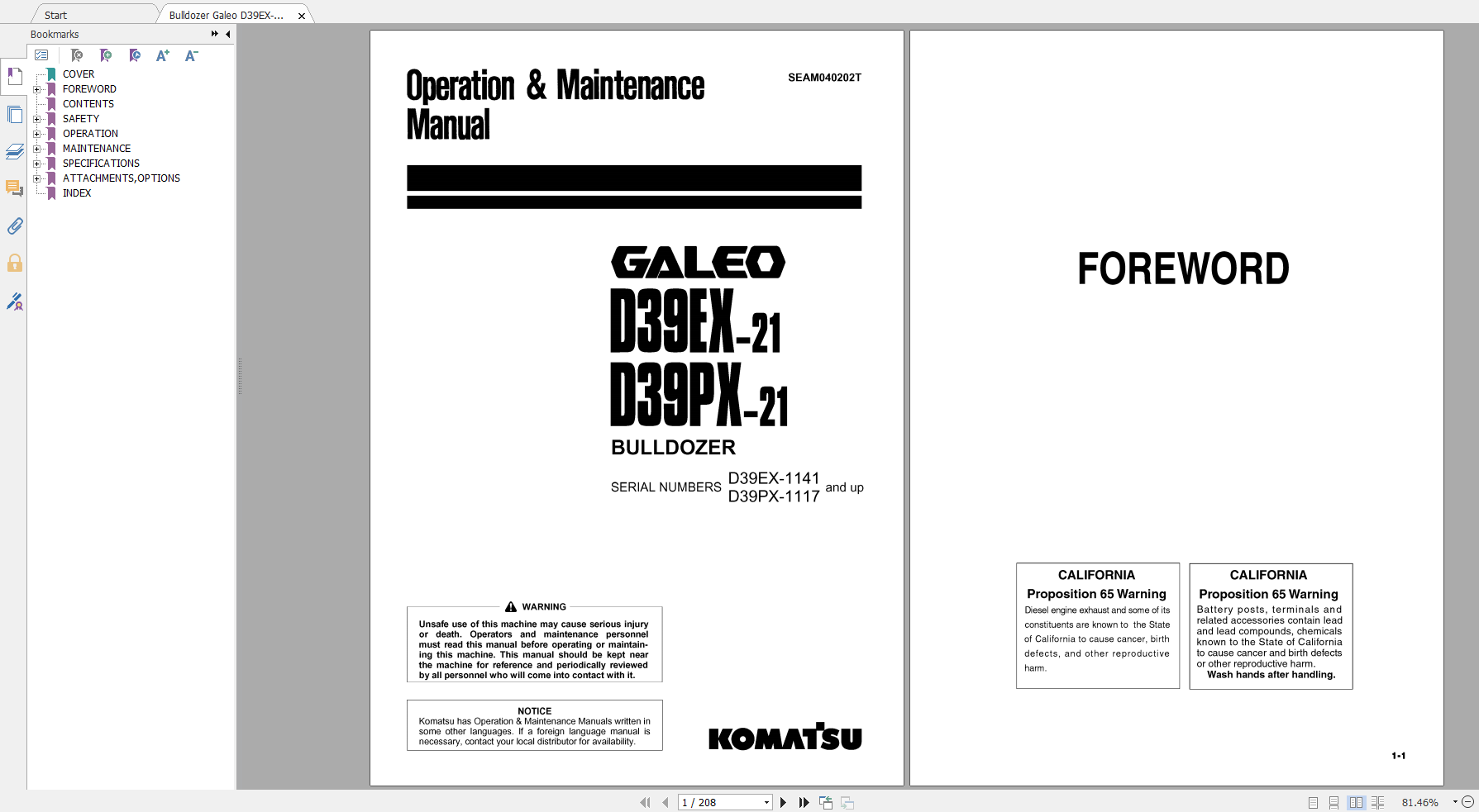 Komatsu Bulldozer Galeo D39EX 21 D39PX 21 Operation Maintenance Manual SEAM040202T 2002