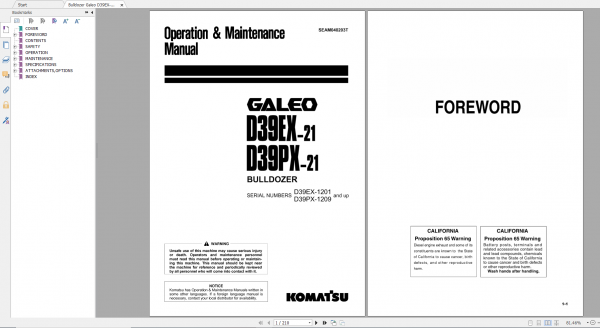 Komatsu Bulldozer Galeo D39EX 21 D39PX 21 Operation Maintenance Manual SEAM040203T 2003