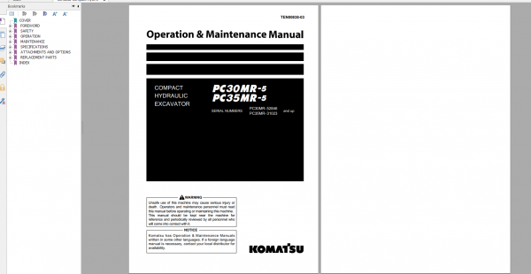 Komatsu Compact Hydraulic Excavator PC30MR 5 PC35MR 5 Operation Maintenance Manual TEN00838 03 2