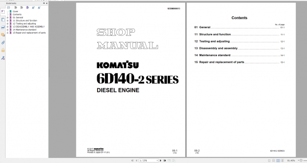 Komatsu Diesel Engine 6D140 2 Series Shop Manual SEBM008613 2017