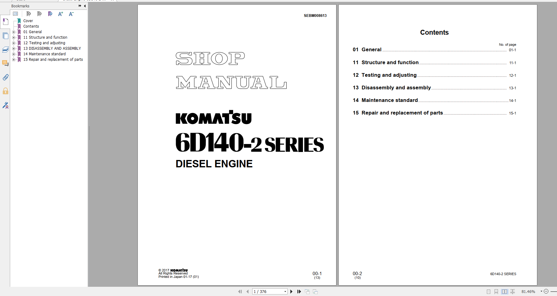 Komatsu Diesel Engine 6D140 2 Series Shop Manual SEBM008613 2017