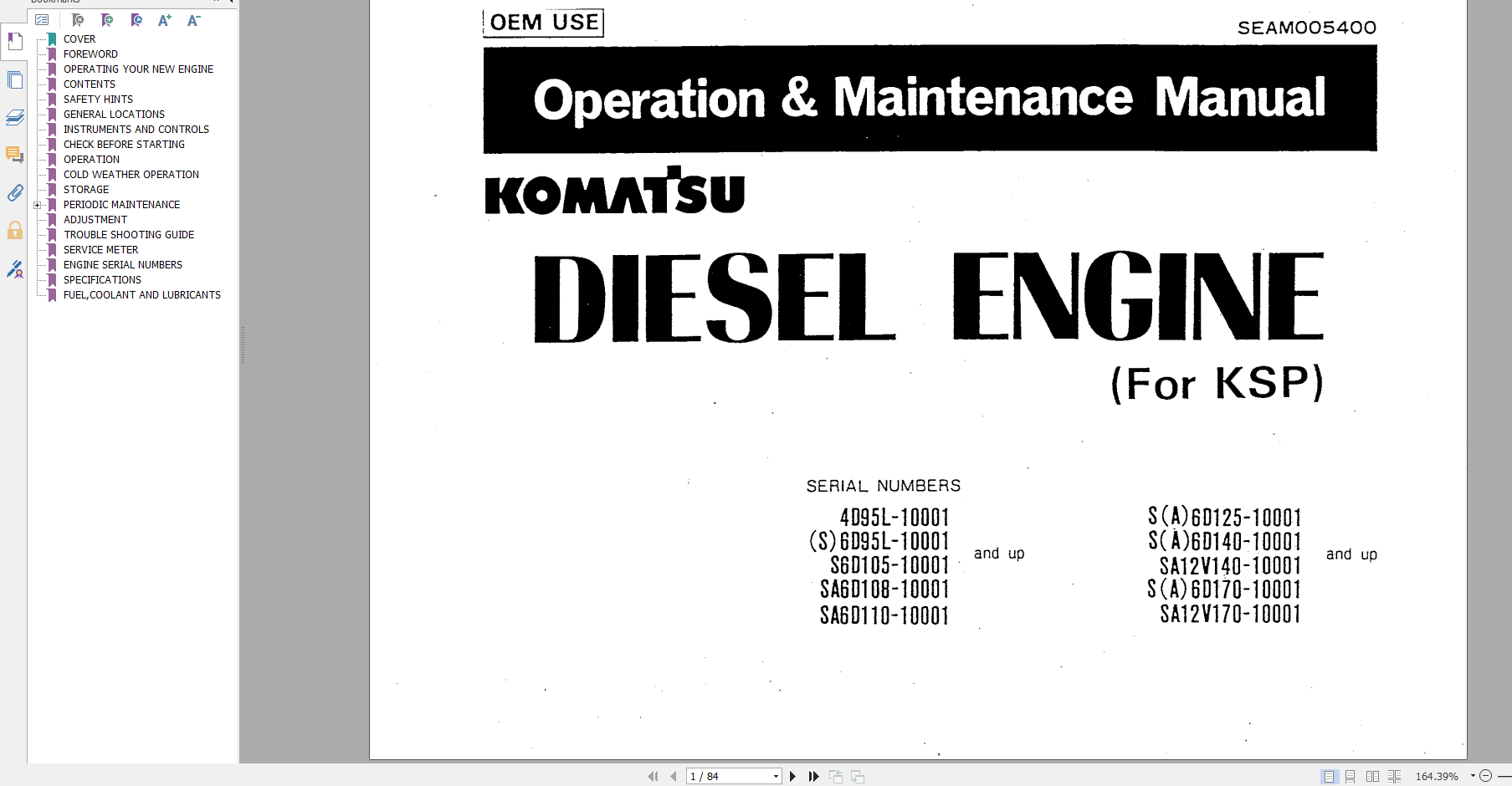 Komatsu Diesel Engine KSP Series Operation Maintenance Manual SEAM005400