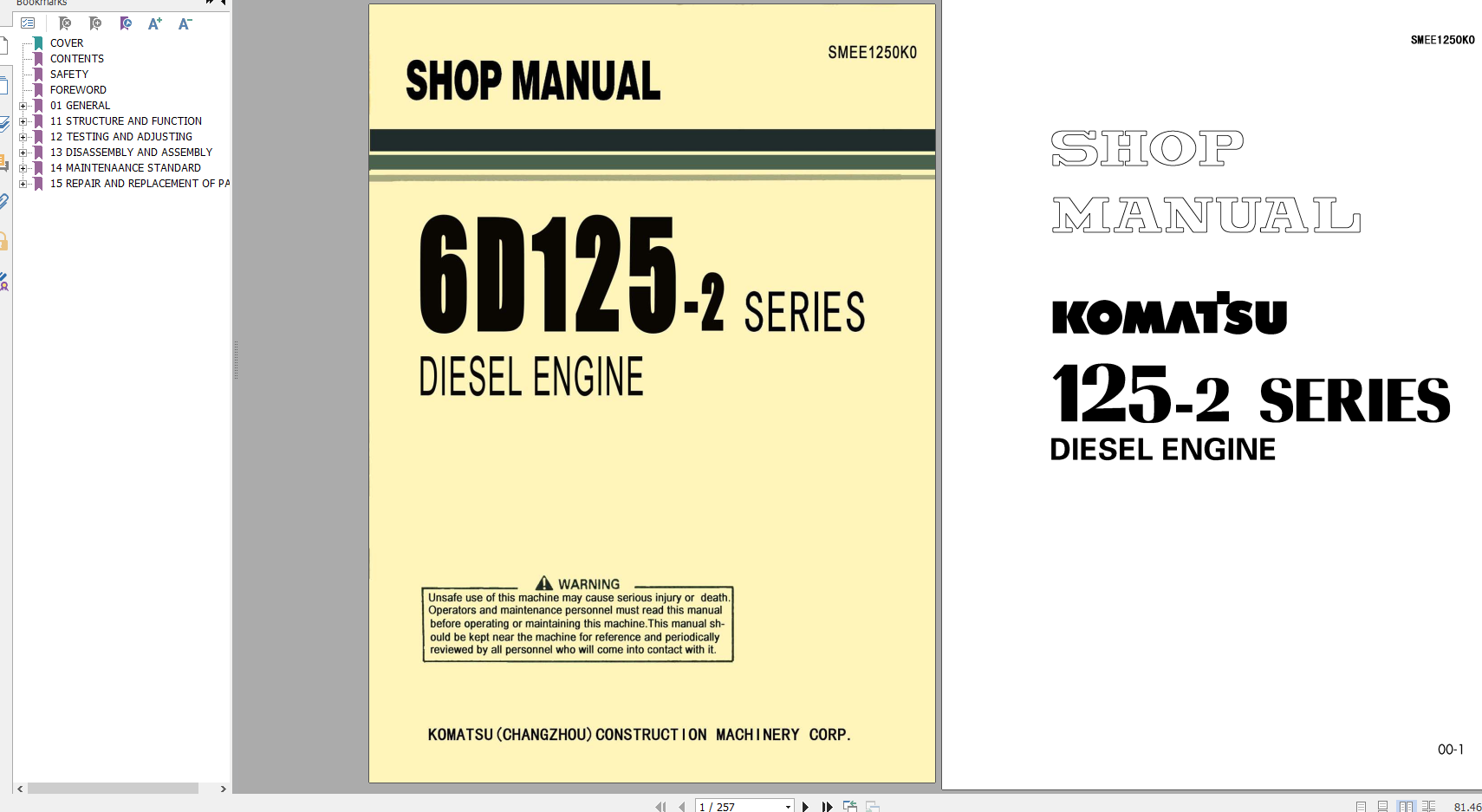 Komatsu Engine 6D125 2 Series Shop Manual SMEE1250K0