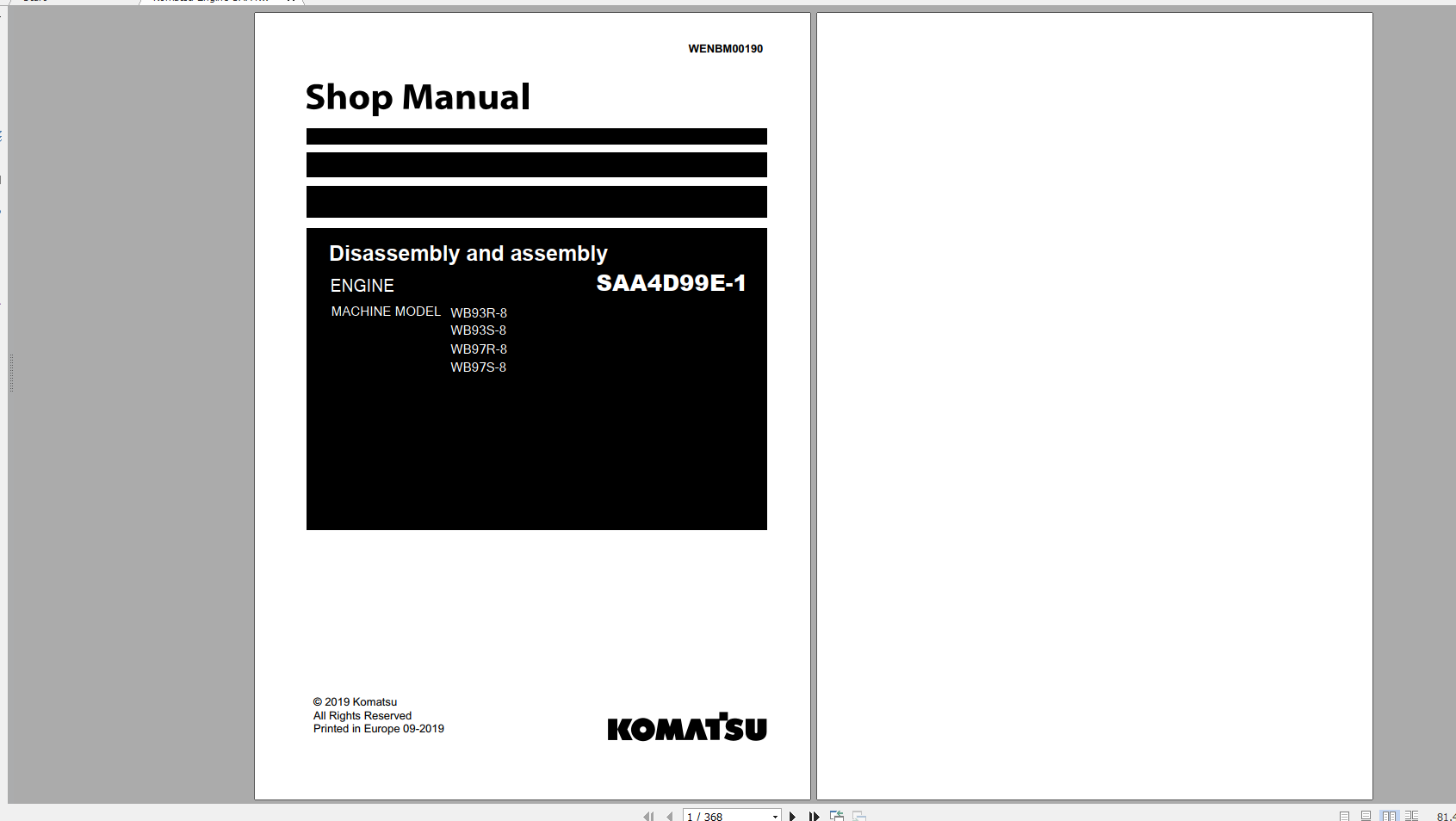 Komatsu Engine SAA4D99E 1 Disassembly Assembly Shop Manual WENBM00190 2019