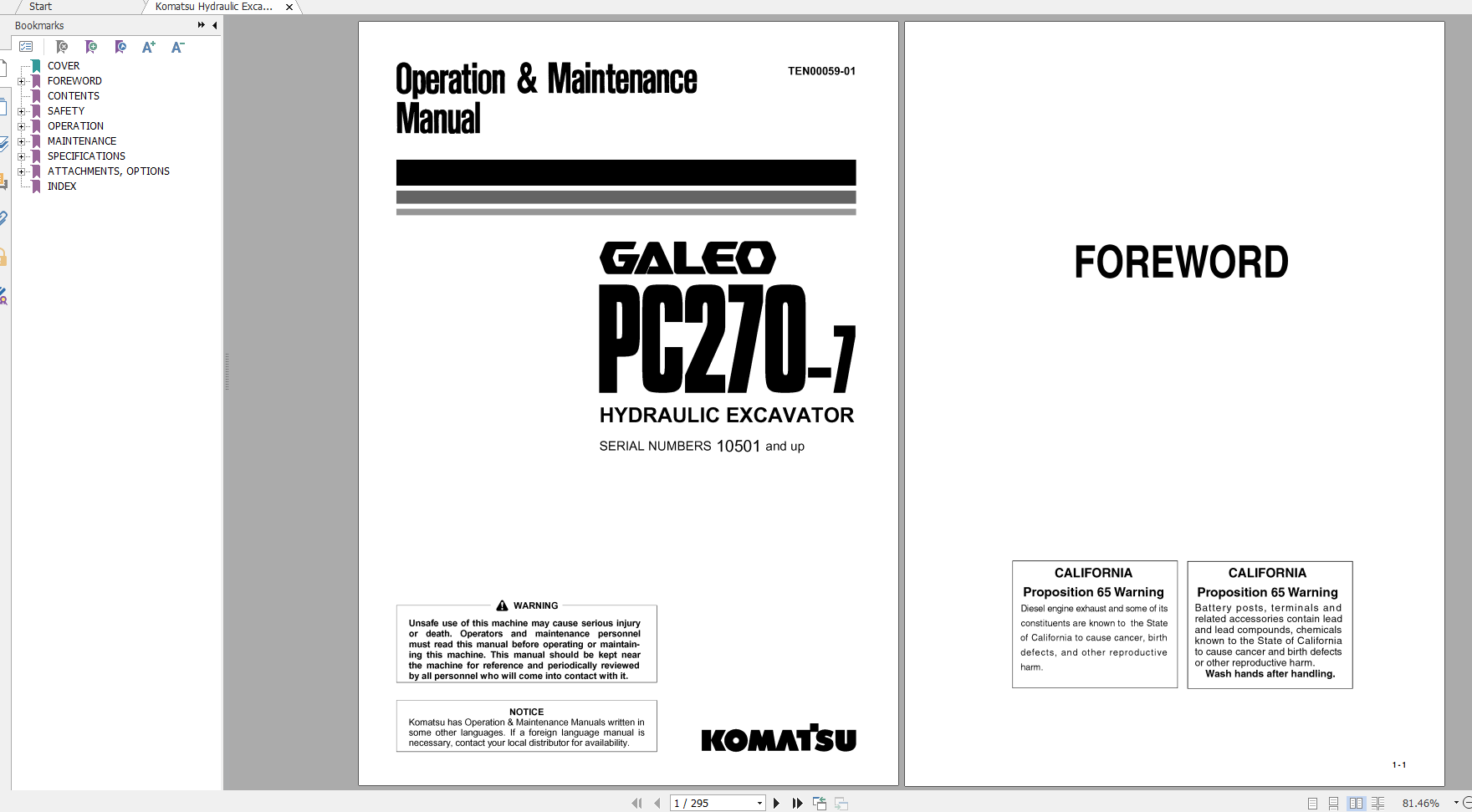 Komatsu Hydraulic Excavator GALEO PC270 7 Operation Maintenance Manual TEN00059 01 2005