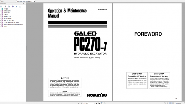 Komatsu Hydraulic Excavator GALEO PC270 7 Operation Maintenance Manual TEN00060 01 2005