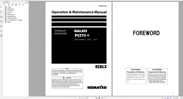 Komatsu Hydraulic Excavator GALEO PC270 8 Operation Maintenance Manual TEN00148 04 2007