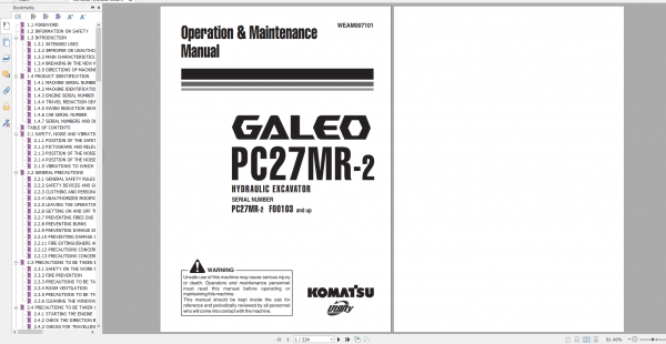 Komatsu Hydraulic Excavator GALEO PC27MR 2 Operation Maintenance Manual WEAM007101 2005 1