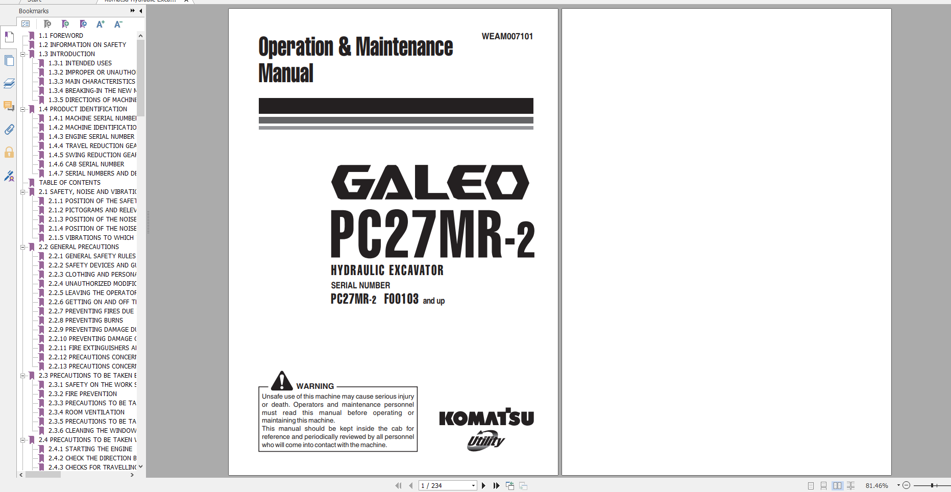 Komatsu Hydraulic Excavator GALEO PC27MR 2 Operation Maintenance Manual WEAM007101 2005 1