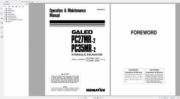 Komatsu Hydraulic Excavator GALEO PC27MR 2 PC35MR 2 Operation Maintenance Manual TEN00099 01 2005