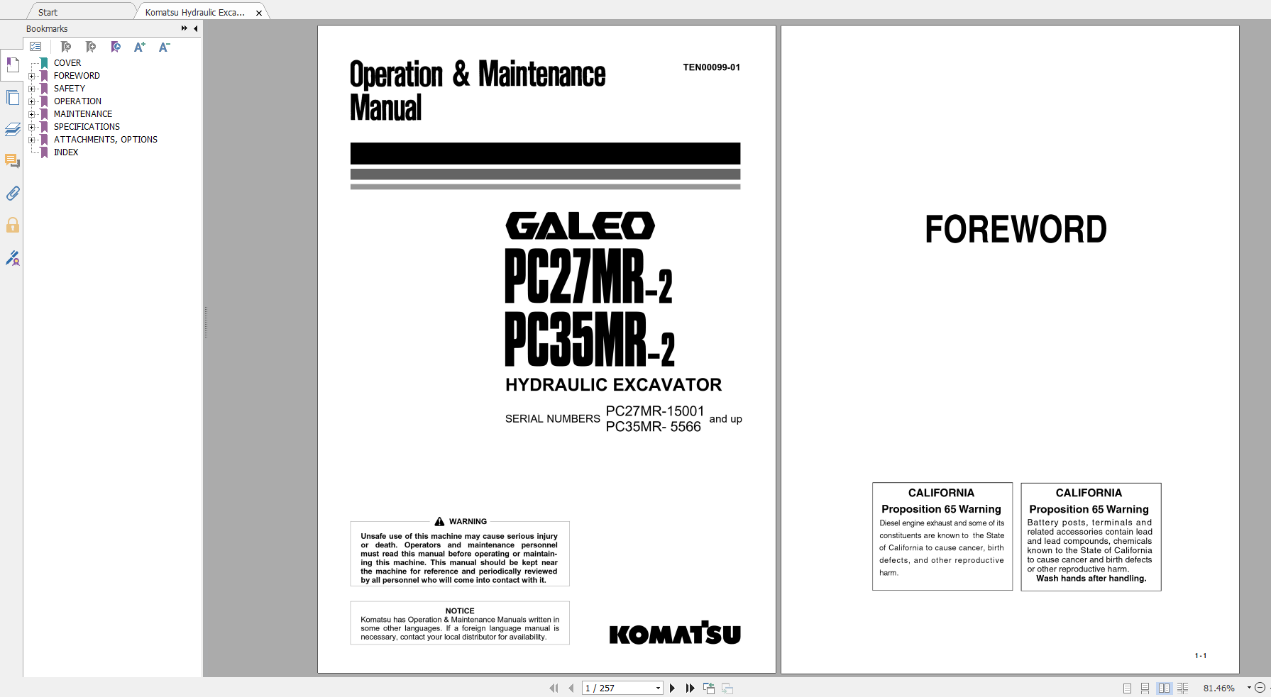Komatsu Hydraulic Excavator GALEO PC27MR 2 PC35MR 2 Operation Maintenance Manual TEN00099 01 2005