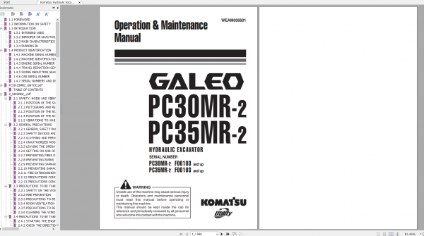 Komatsu Hydraulic Excavator GALEO PC30MR 2 PC35MR 2 Operation Maintenance Manual WEAM006601 2004