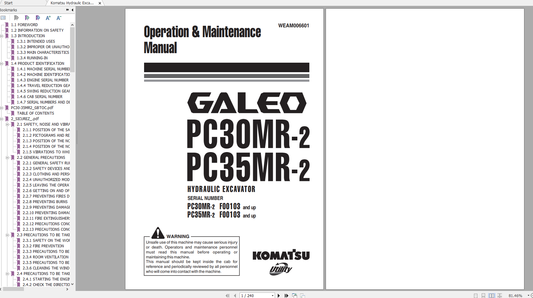 Komatsu Hydraulic Excavator GALEO PC30MR 2 PC35MR 2 Operation Maintenance Manual WEAM006601 2004