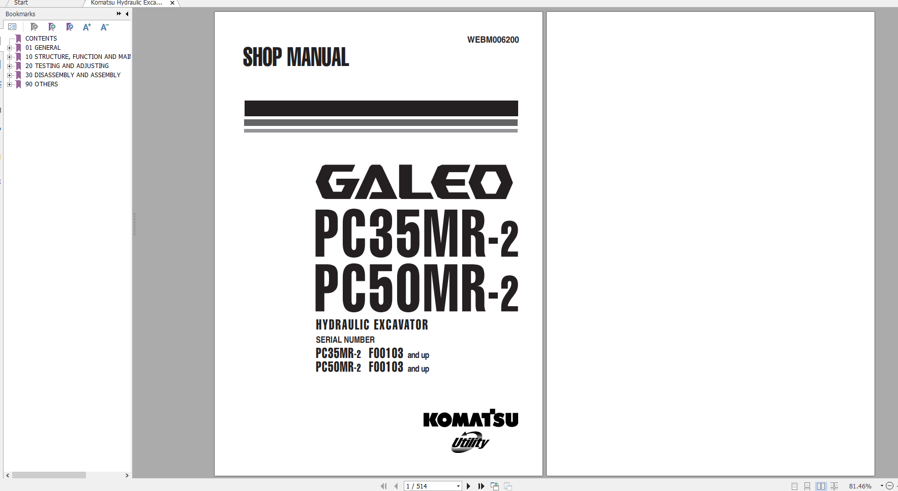 Komatsu Hydraulic Excavator GALEO PC35MR 2 PC50MR 2 Shop Manual WEBM006200 2006