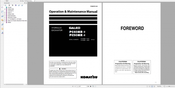 Komatsu Hydraulic Excavator GALEO PC40MR 2 PC50MR 2 Operation Maintenance Manual TEN00193 00 2007