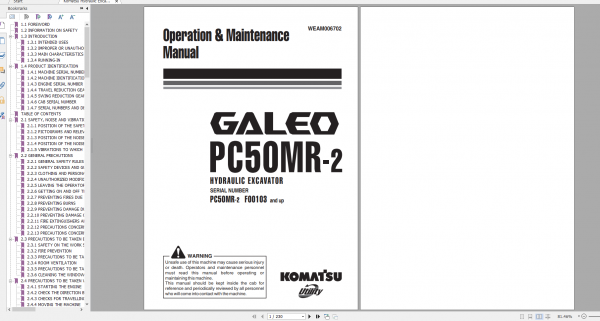 Komatsu Hydraulic Excavator GALEO PC50MR 2 Operation Maintenance Manual WEAM006702 2006