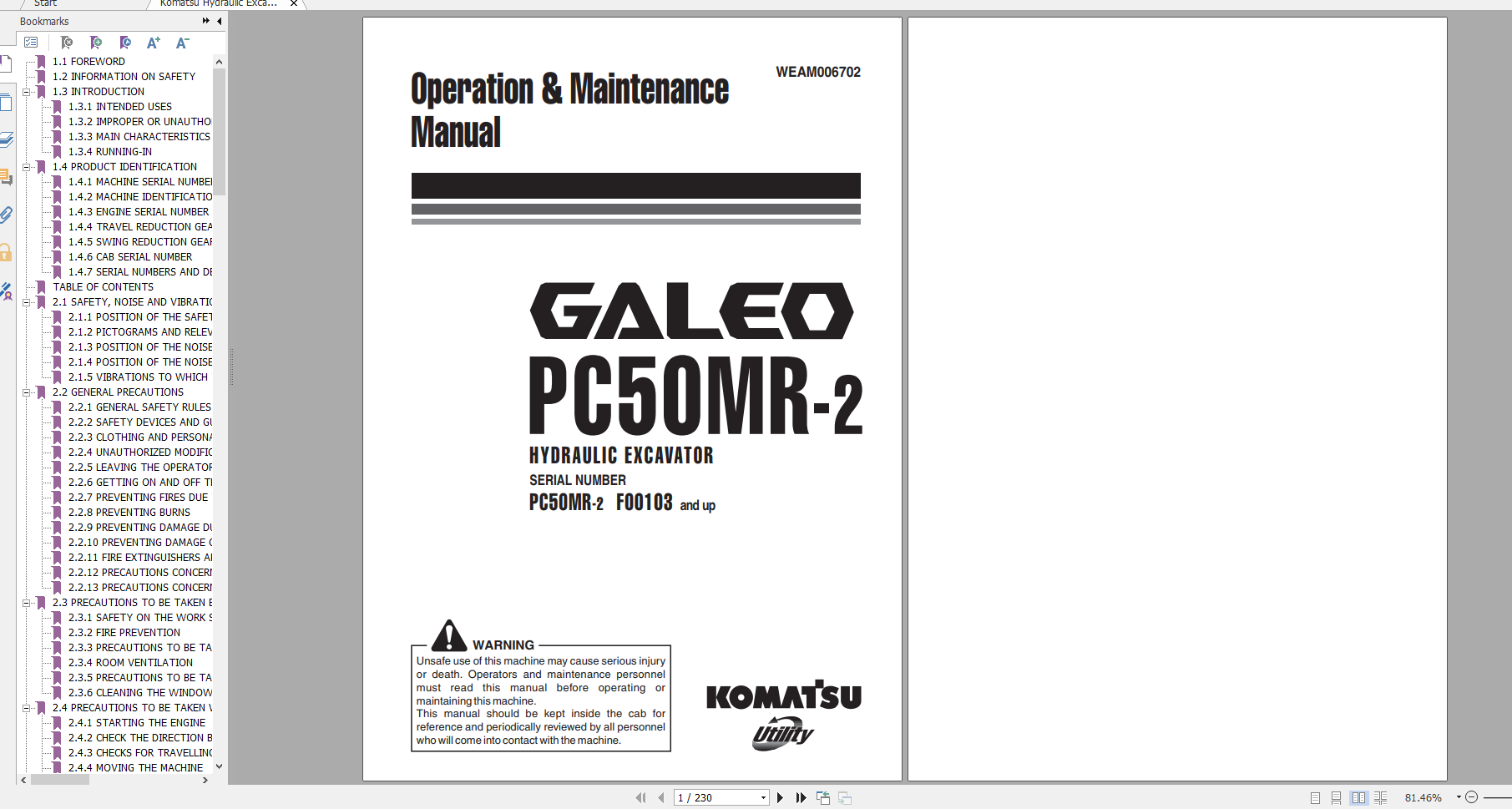 Komatsu Hydraulic Excavator GALEO PC50MR 2 Operation Maintenance Manual WEAM006702 2006