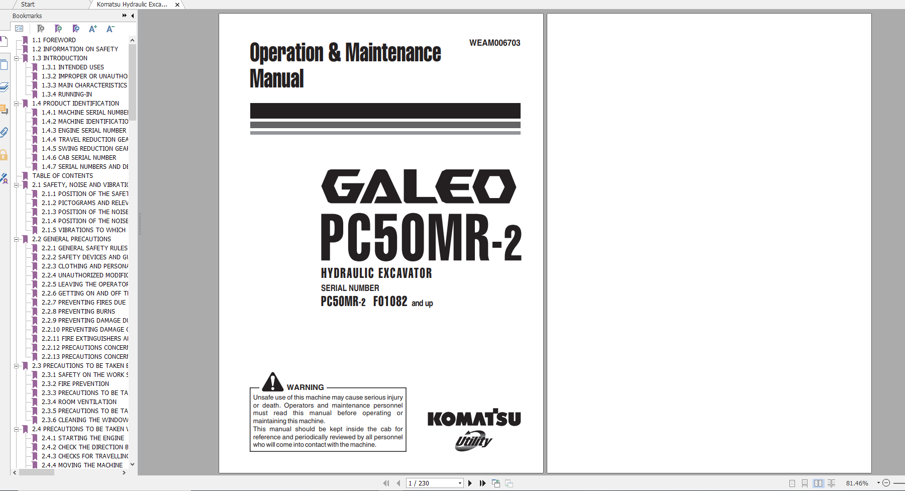 Komatsu Hydraulic Excavator GALEO PC50MR 2 Operation Maintenance Manual WEAM006703 2006