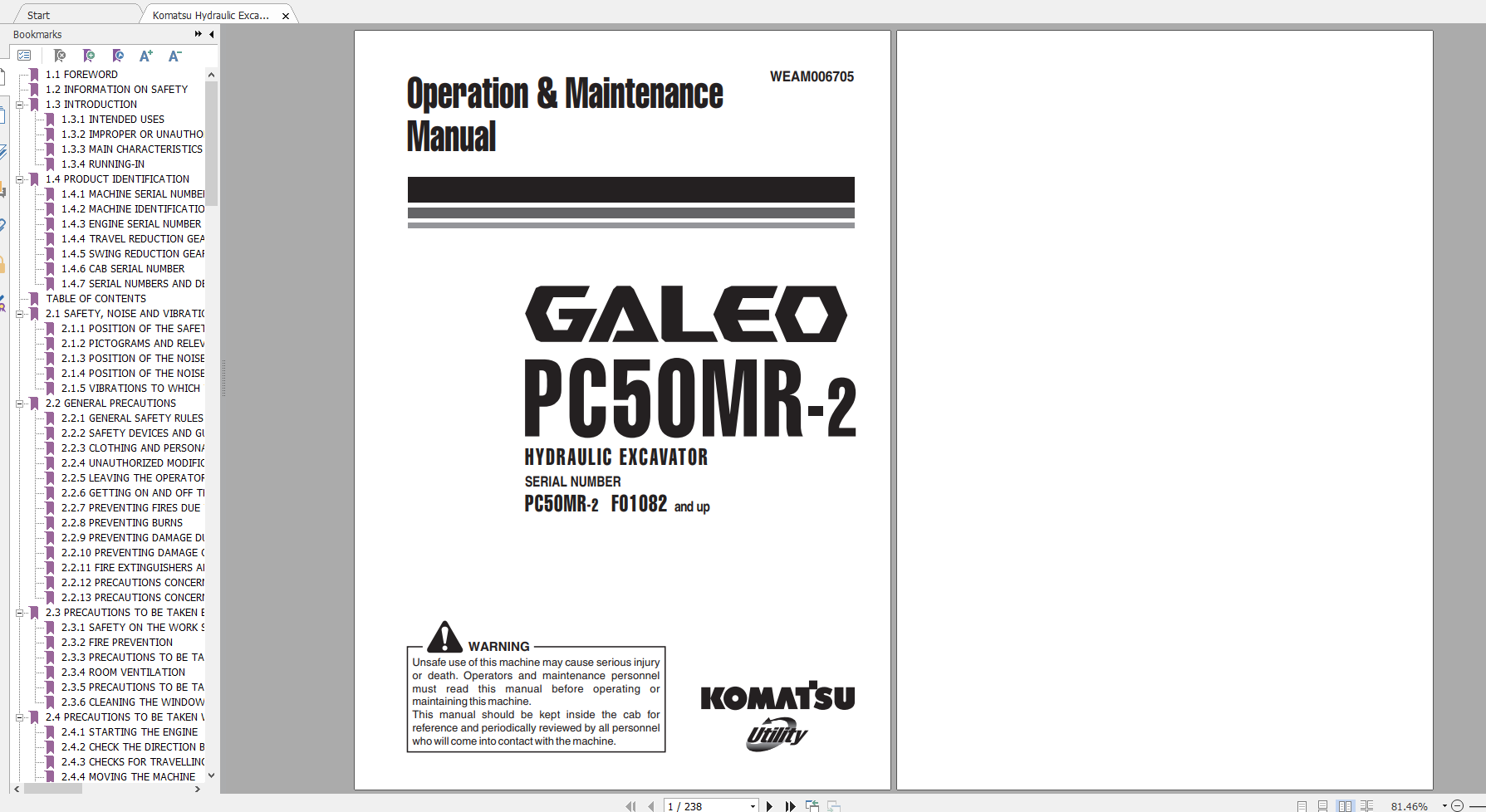 Komatsu Hydraulic Excavator GALEO PC50MR 2 Operation Maintenance Manual WEAM006705 2008