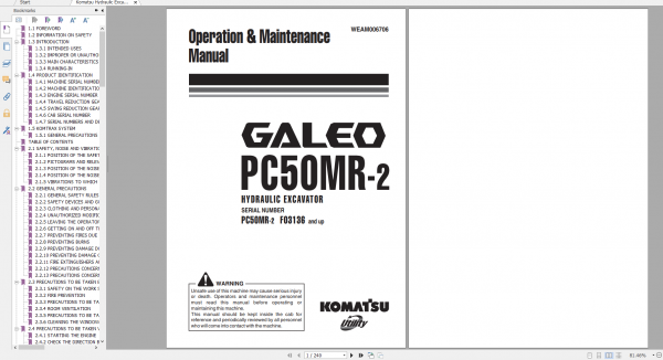 Komatsu Hydraulic Excavator GALEO PC50MR 2 Operation Maintenance Manual WEAM006706 2008