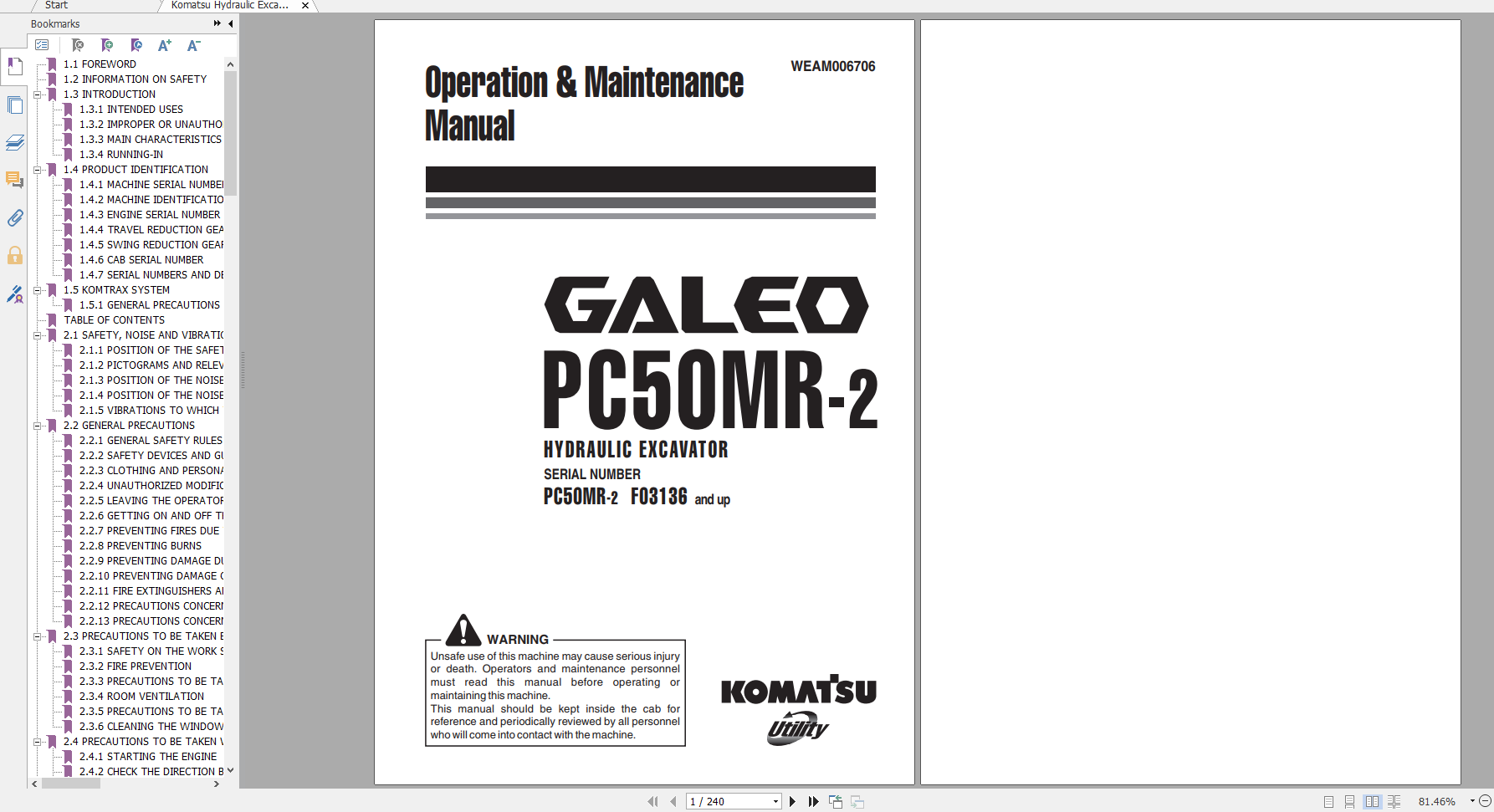 Komatsu Hydraulic Excavator GALEO PC50MR 2 Operation Maintenance Manual WEAM006706 2008