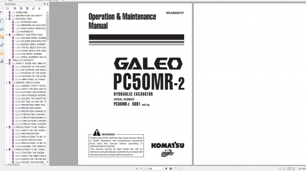 Komatsu Hydraulic Excavator GALEO PC50MR 2 Operation Maintenance Manual WEAM006707 2008