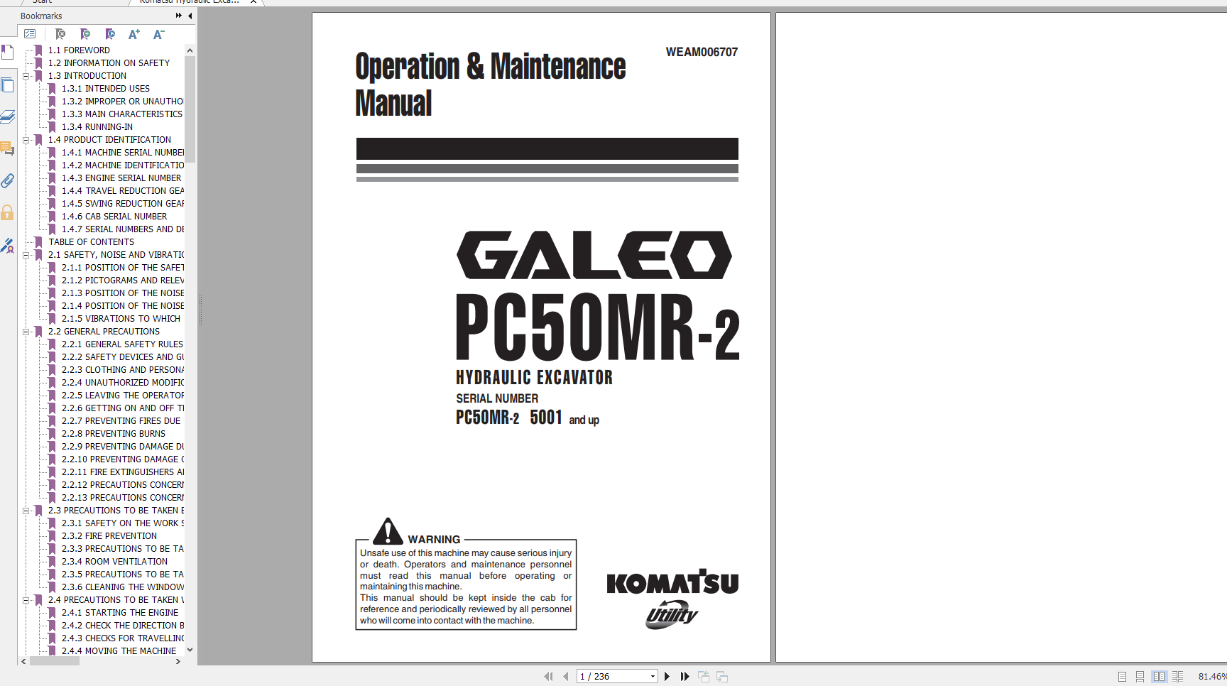 Komatsu Hydraulic Excavator GALEO PC50MR 2 Operation Maintenance Manual WEAM006707 2008