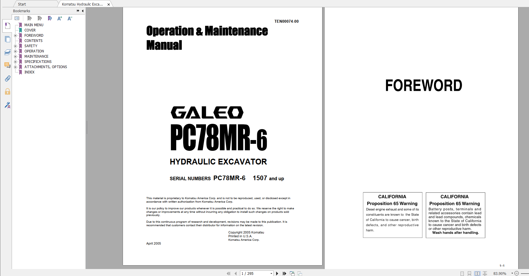 Komatsu Hydraulic Excavator GALEO PC78MR 6 Operation Maintenance Manual TEN00074 00 2005