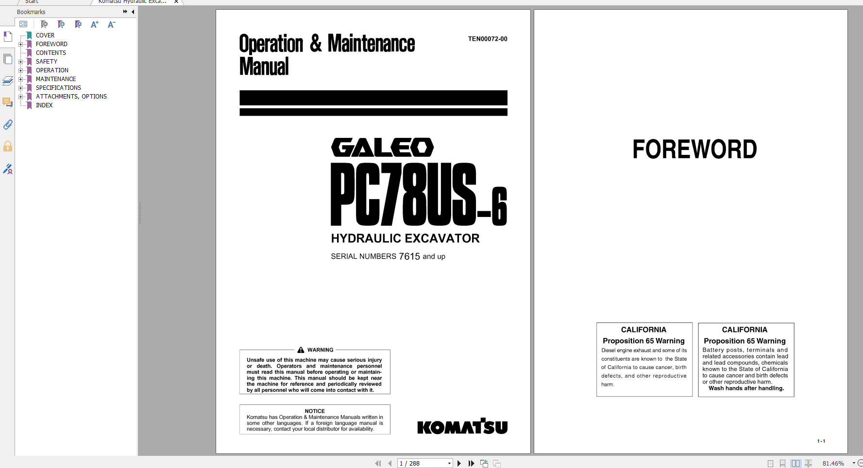 Komatsu Hydraulic Excavator GALEO PC78US 6 Operation Maintenance Manual TEN00072 00 2005