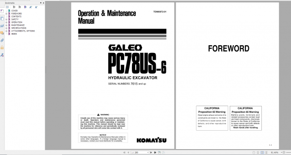 Komatsu Hydraulic Excavator GALEO PC78US 6 Operation Maintenance Manual TEN00072 01 2006