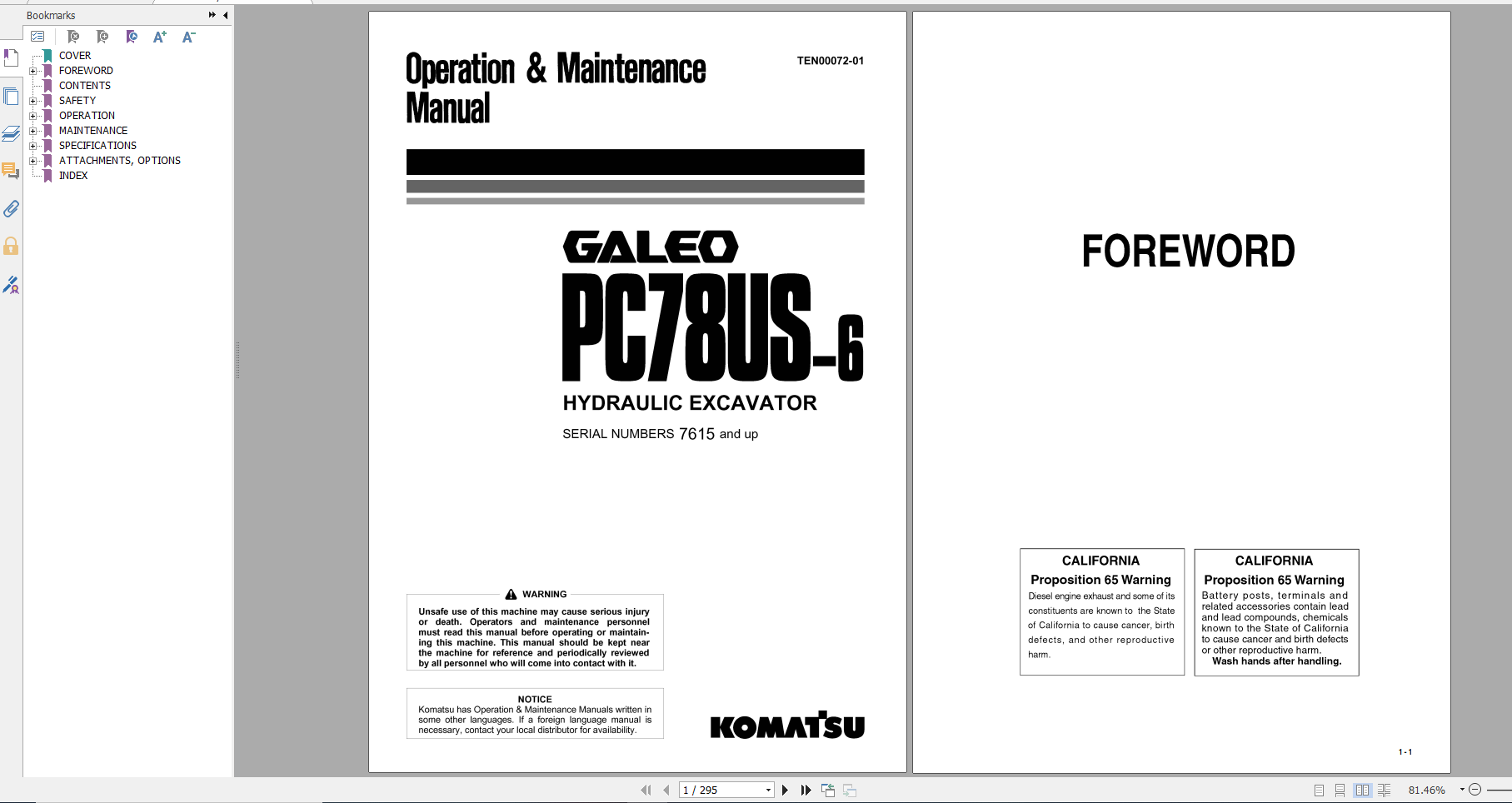 Komatsu Hydraulic Excavator GALEO PC78US 6 Operation Maintenance Manual TEN00072 01 2006