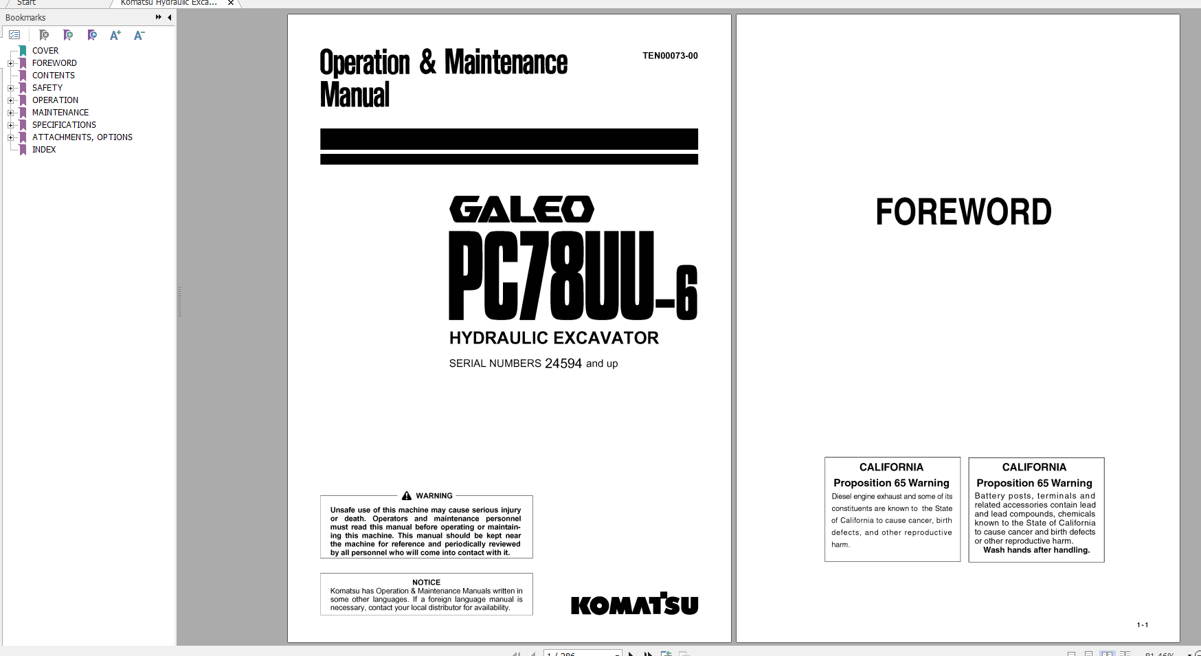 Komatsu Hydraulic Excavator GALEO PC78UU 6 Operation Maintenance Manual TEN00073 00 2005