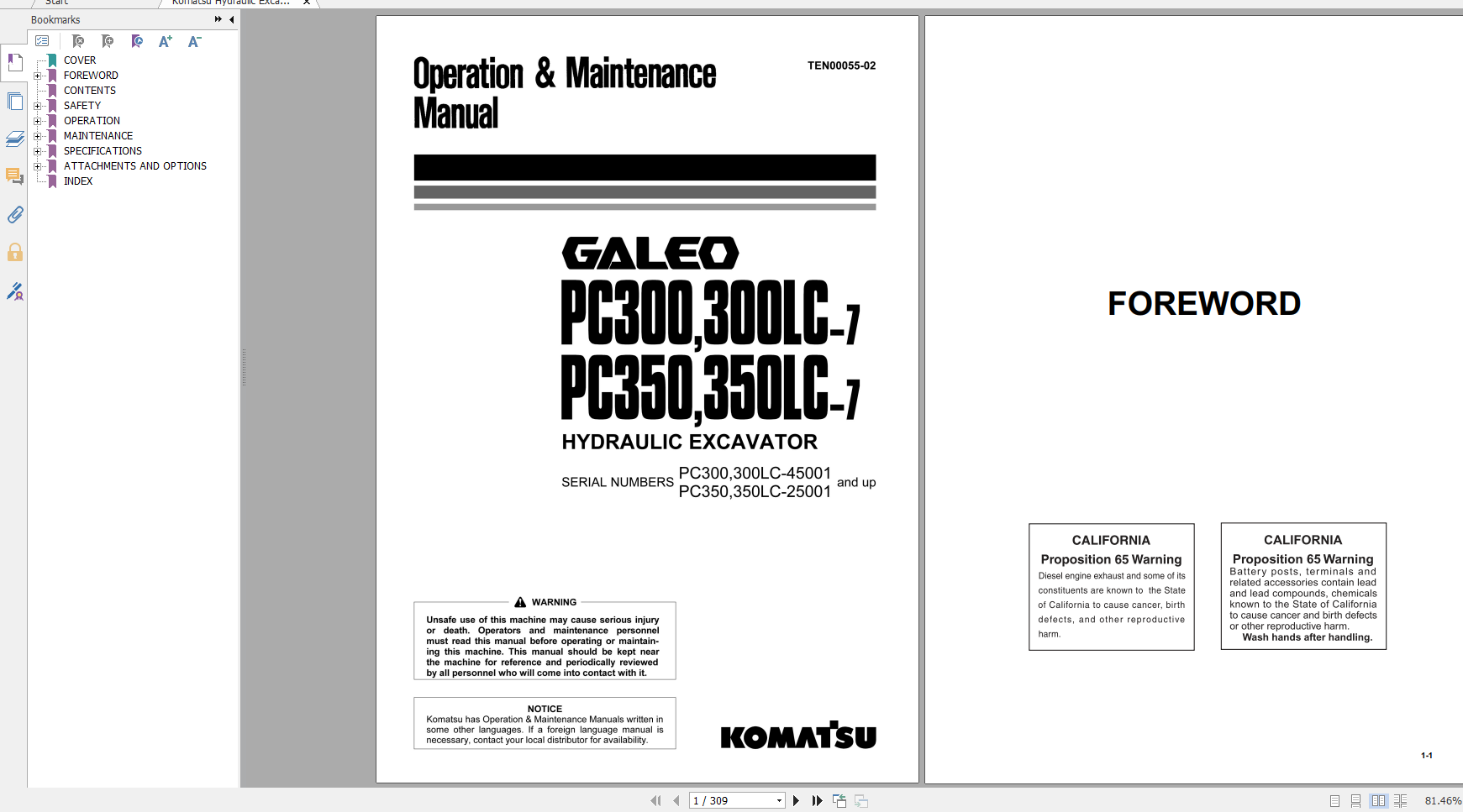 Komatsu Hydraulic Excavator Galeo PC300 7 PC300LC 7 PC350 7 PC350LC 7 Operation Maintenance Manual TEN00055 02 2006
