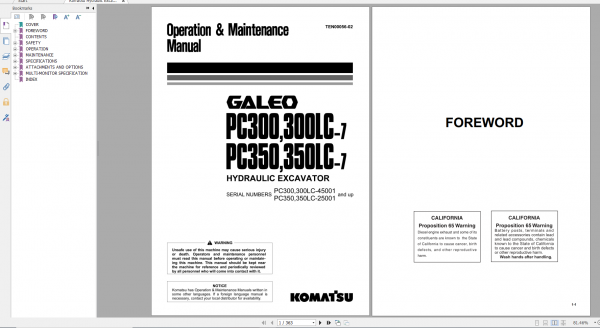 Komatsu Hydraulic Excavator Galeo PC300 7 PC300LC 7 PC350 7 PC350LC 7 Operation Maintenance Manual TEN00056 02 2006