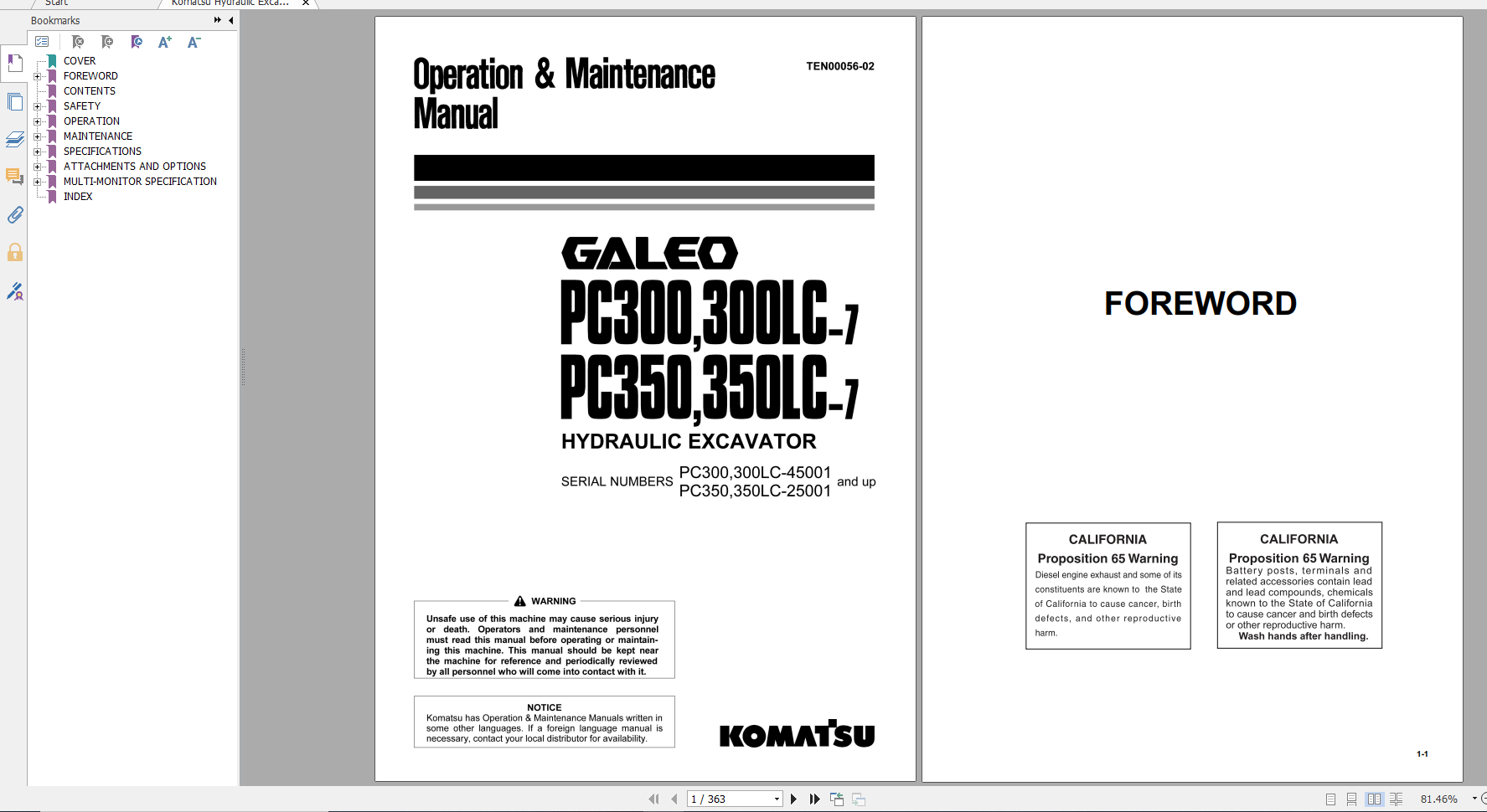 Komatsu Hydraulic Excavator Galeo PC300 7 PC300LC 7 PC350 7 PC350LC 7 Operation Maintenance Manual TEN00056 02 2006