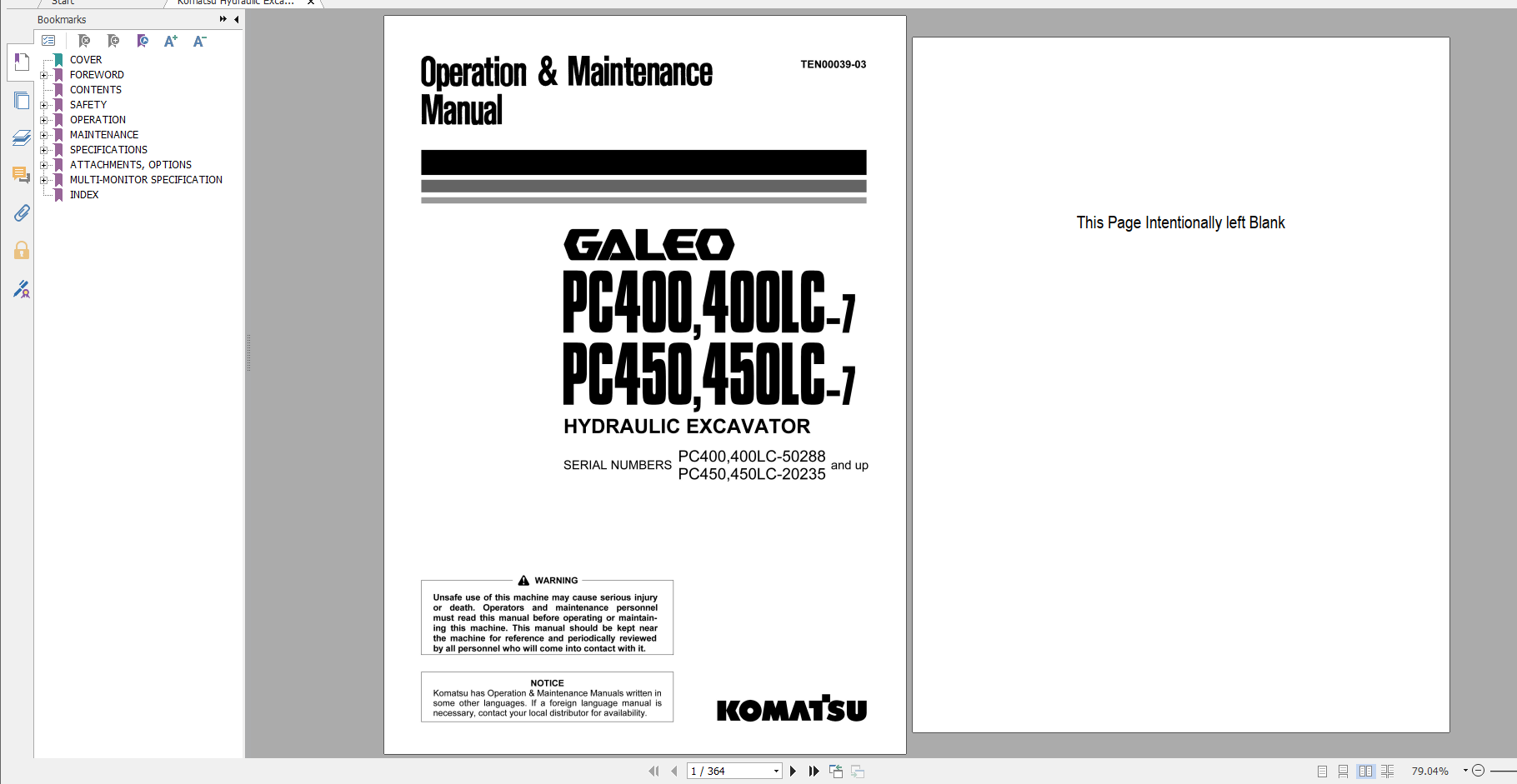 Komatsu Hydraulic Excavator Galeo PC400 7 PC400LC 7 PC450 7 PC450LC 7 Operation Maintenance Manual TEN00039 03 2006
