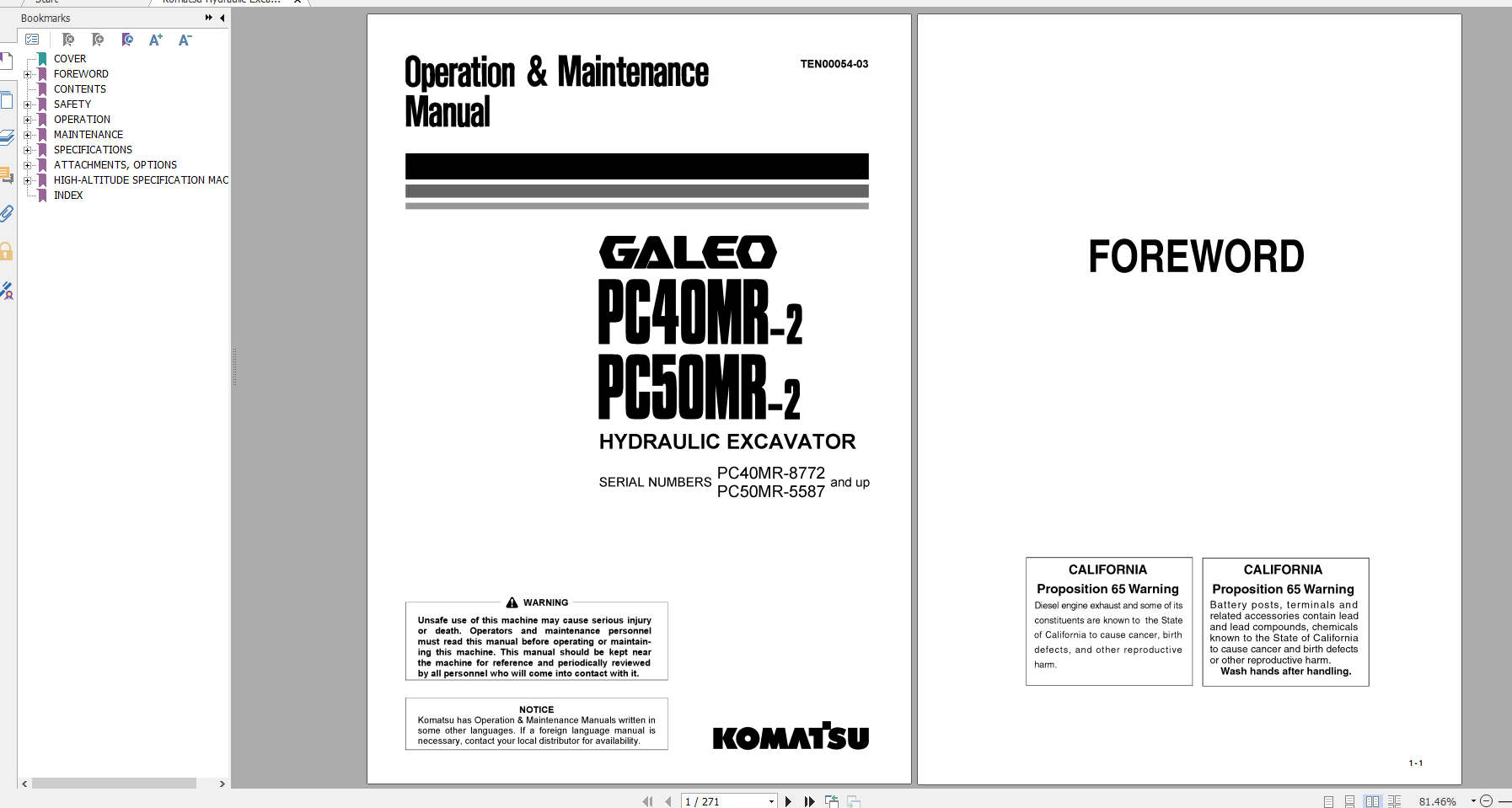 Komatsu Hydraulic Excavator Galeo PC40MR 2 PC50MR 2 Operation Maintenance Manual TEN00054 03 2005