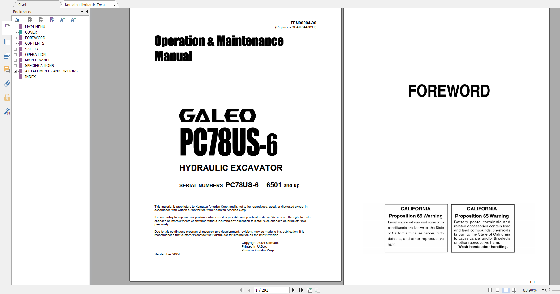 Komatsu Hydraulic Excavator Galeo PC78US 6 Operation Maintenance Manual TEN00004 00 2004